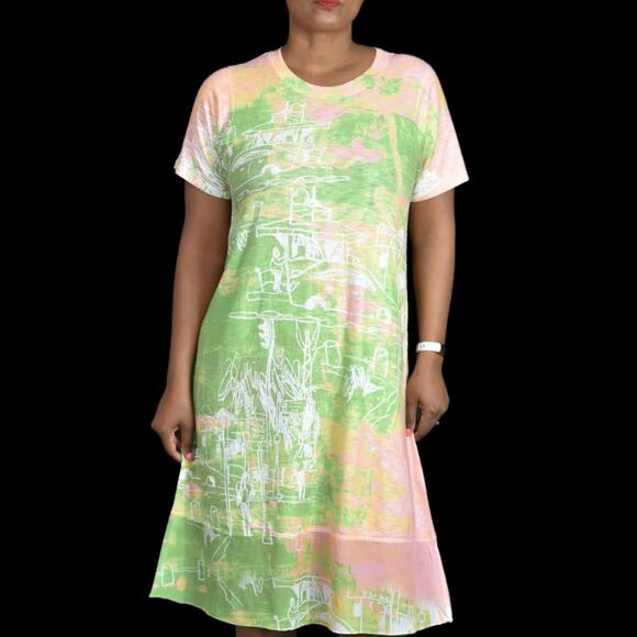 Inoah Dress Green Jersey T Shirt Lagenlook Doodle Print Artsy Pastel Size Small - Picture 10 of 13